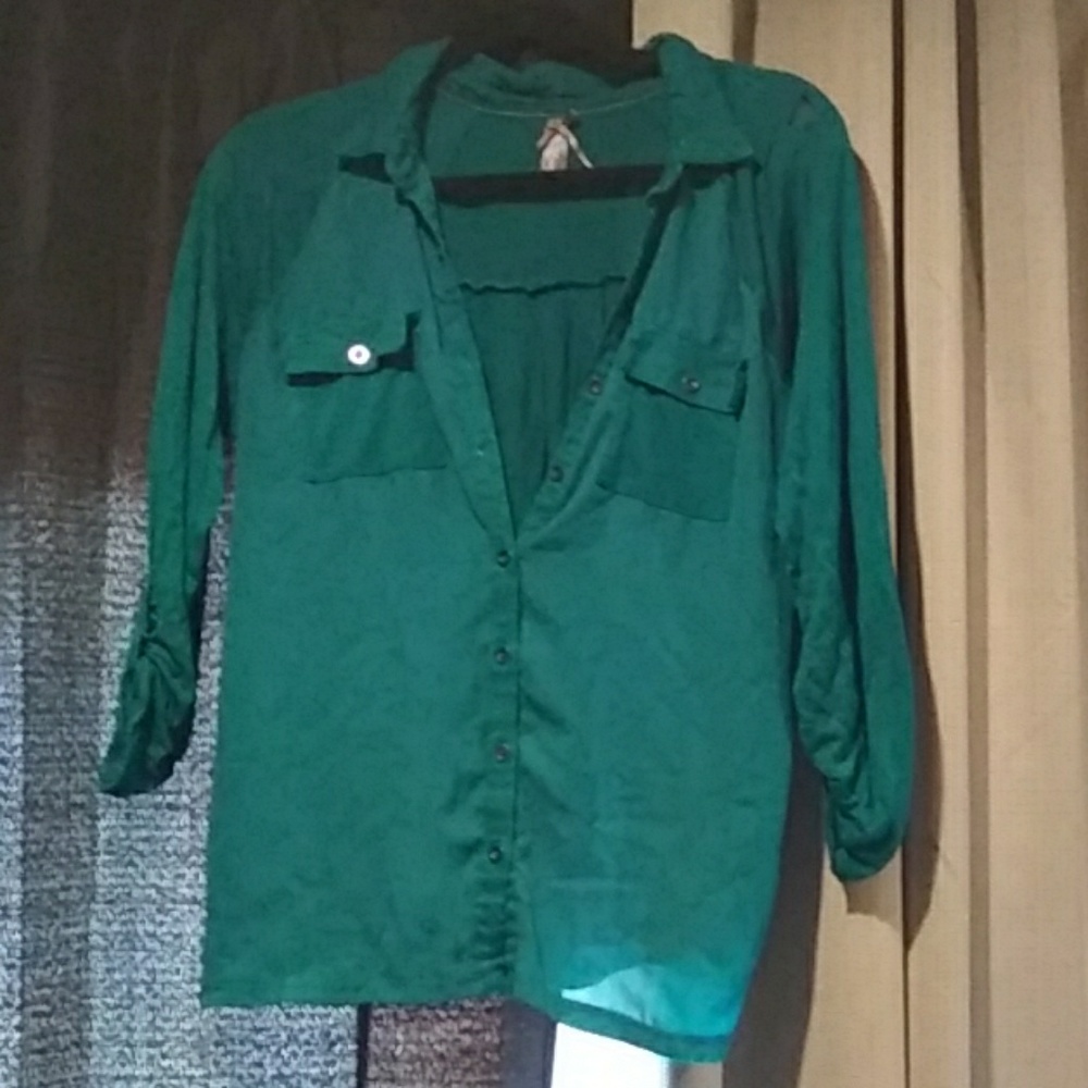 Teal green blue long sleeved button up shirt